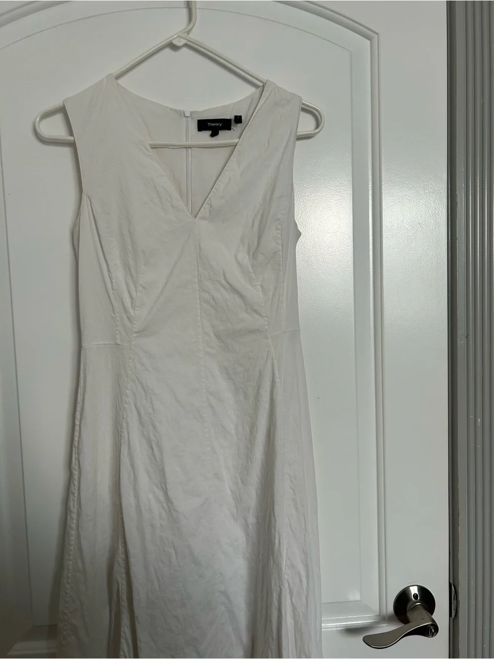 Theory Seamed V-Neck White Linen Blend Midi Dress Size 4 chic preppy summer - Picture 6 of 16